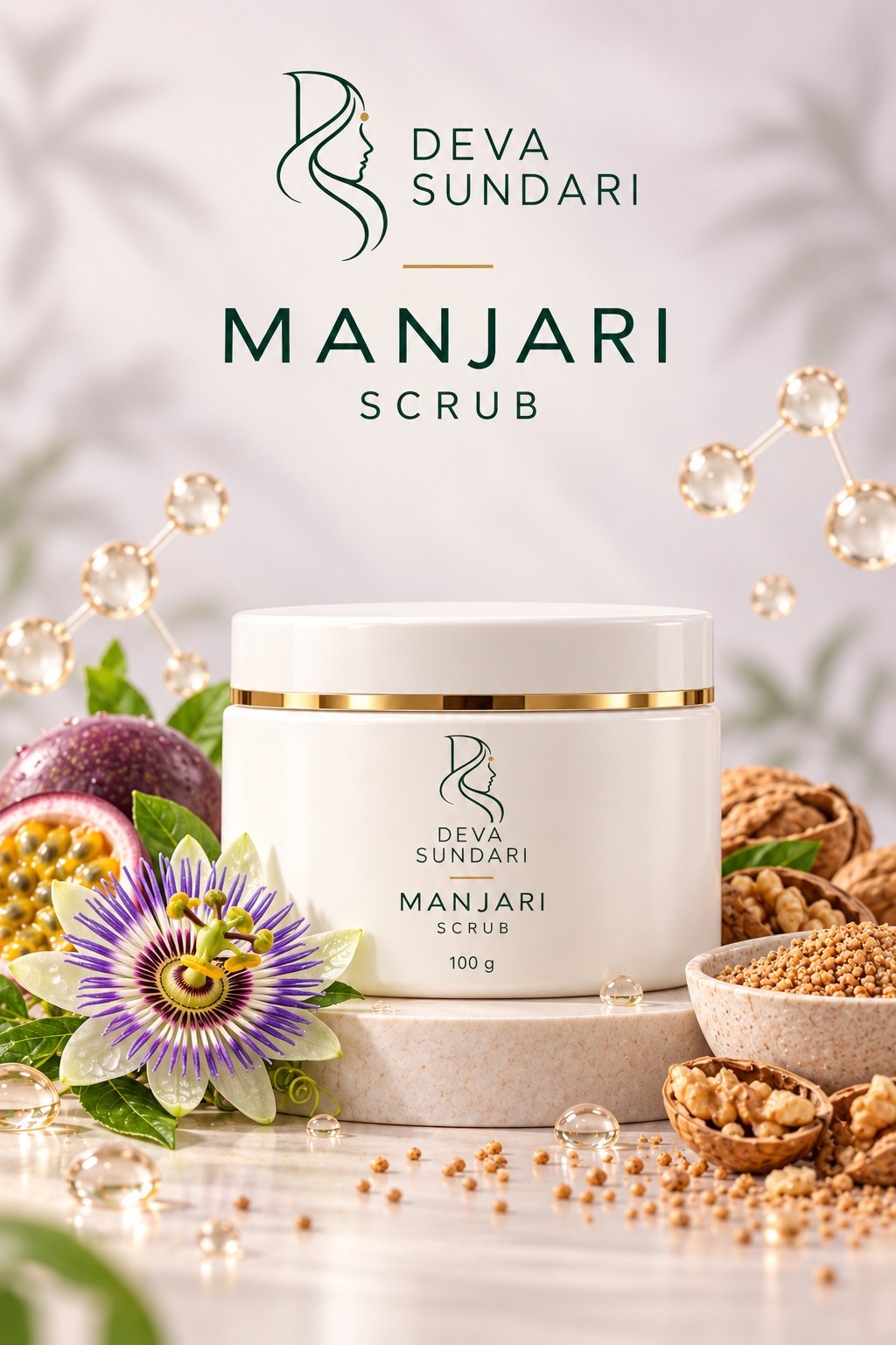 Manjari scrub with passion fruit flower and walnut styling